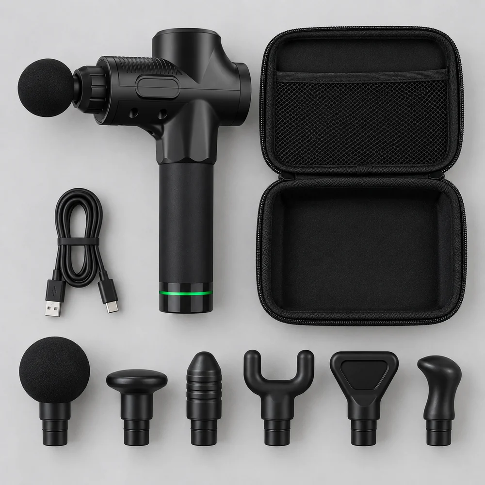 Vue de dessus du contenu livré : l’appareil, ses six embouts alignés, le câble USB-C et la pochette ouverte