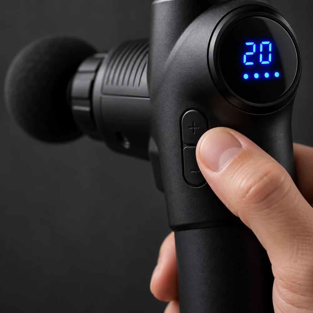 Macro : un pouce appuie sur le bouton plus, l’écran LED à chiffres bleus net au premier plan