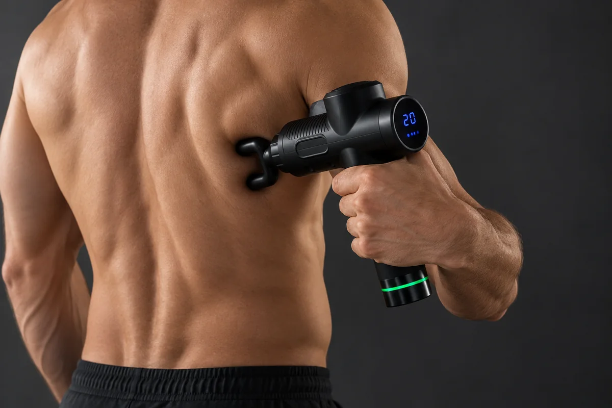 Dos nu de trois quarts, l’appareil appliqué sur le muscle à côté de la colonne, embout fourche