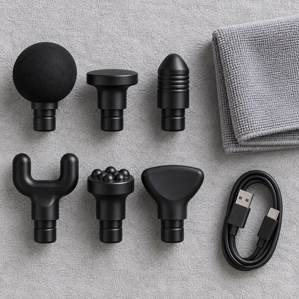 Les six embouts posés sur un linge clair à côté d’un chiffon microfibre et du câble USB-C