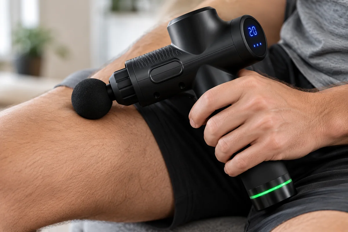 Main tenant l’appareil posé à plat sur une cuisse, doigts détendus, sans pression