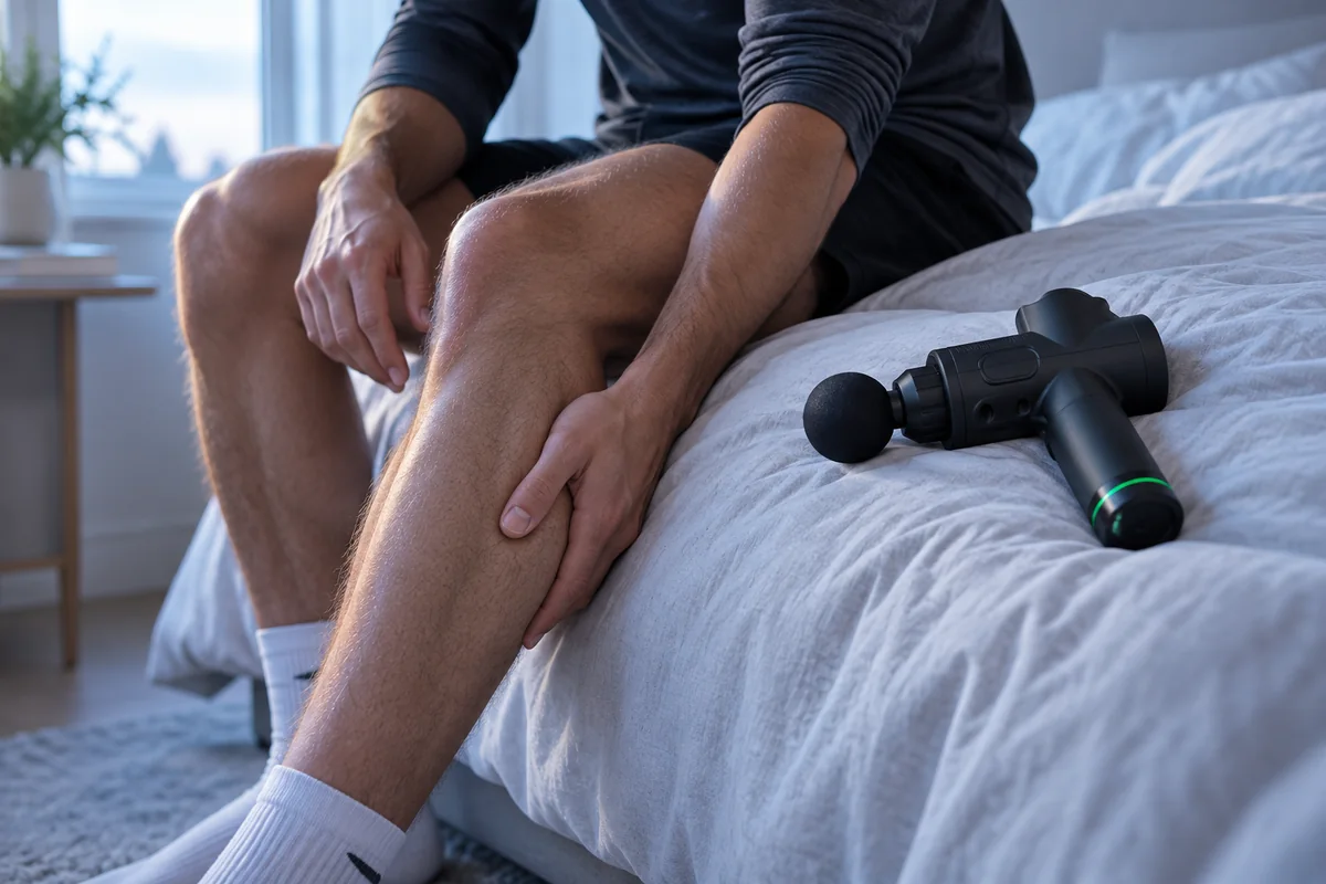 Personne assise au bord d’un lit au réveil, une main sur le mollet, l’appareil posé sur la couette