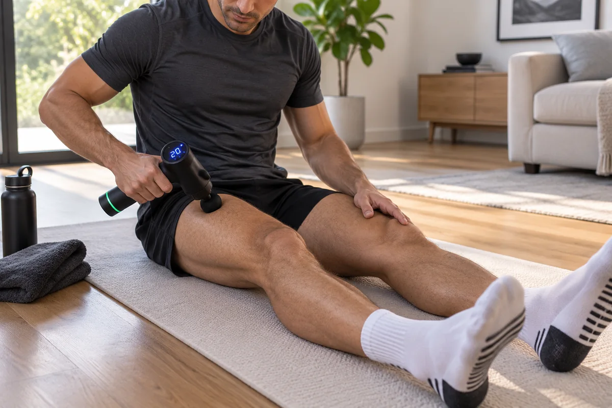 Personne assise au sol, jambes tendues, l’appareil appliqué sur le quadriceps