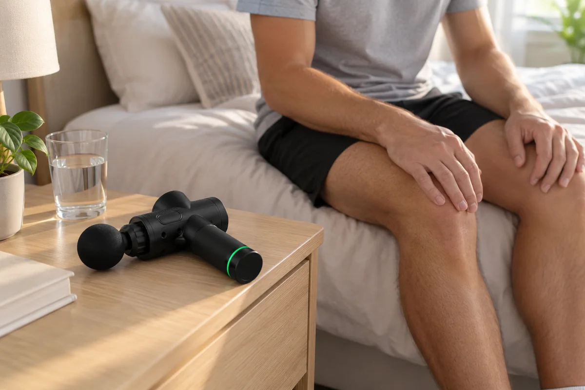 Personne assise au bord d’un lit, l’appareil posé sur la table de nuit à côté d’un verre d’eau
