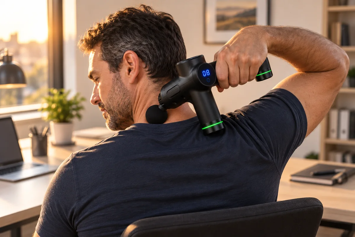 Homme assis à son bureau appliquant le pistolet de massage sur son trapèze, bras replié par-dessus l’épaule