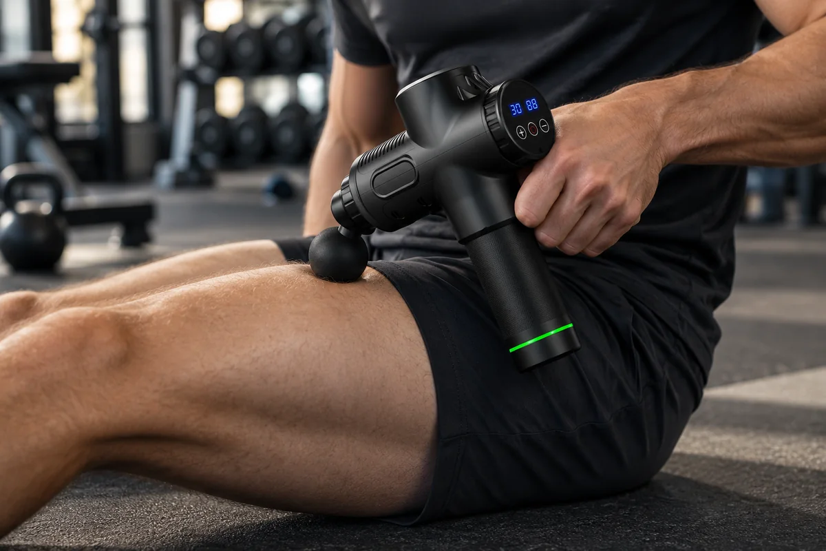 Sportif assis au sol dans une salle, appliquant le pistolet de massage sur son quadriceps, écran affichant le niveau 30