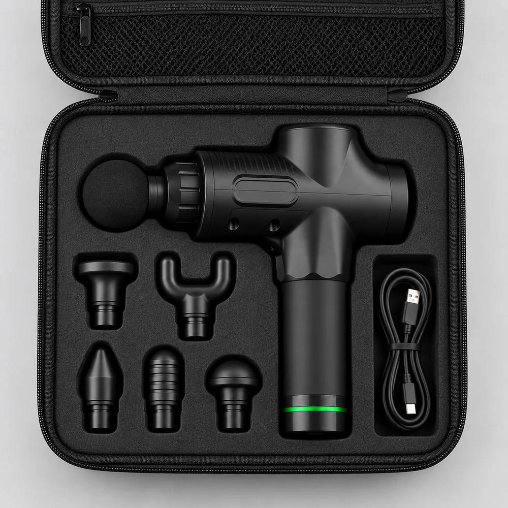 Pochette de transport ouverte : le pistolet de massage, ses six embouts dans leurs alvéoles et le câble USB-C