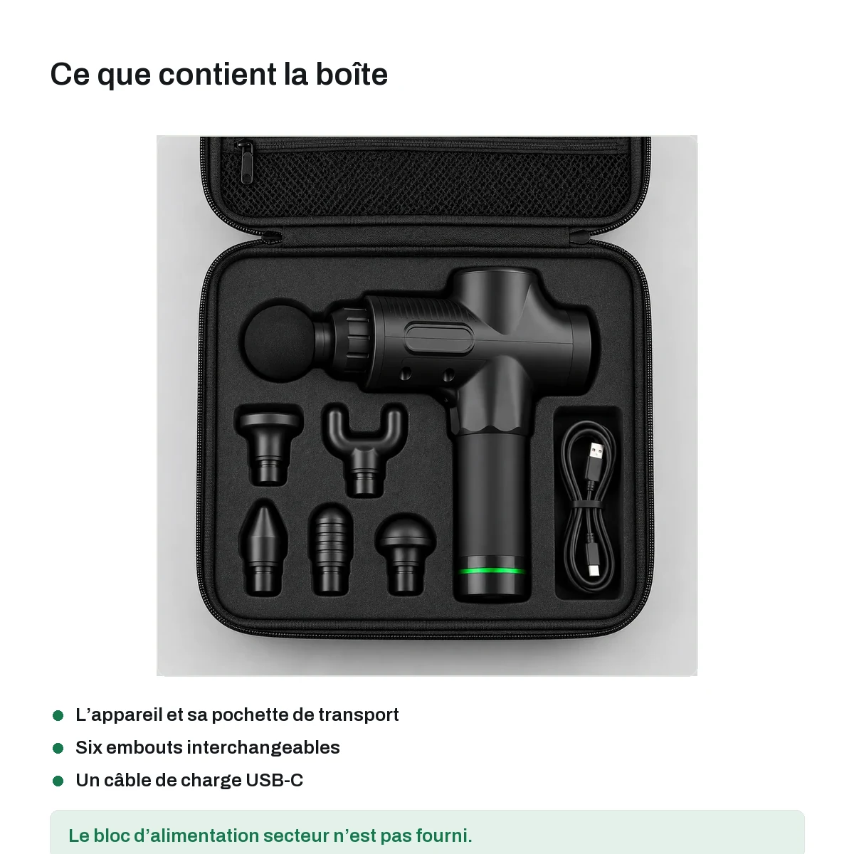 Le contenu de la boîte : l’appareil dans sa pochette, six embouts et le câble USB-C