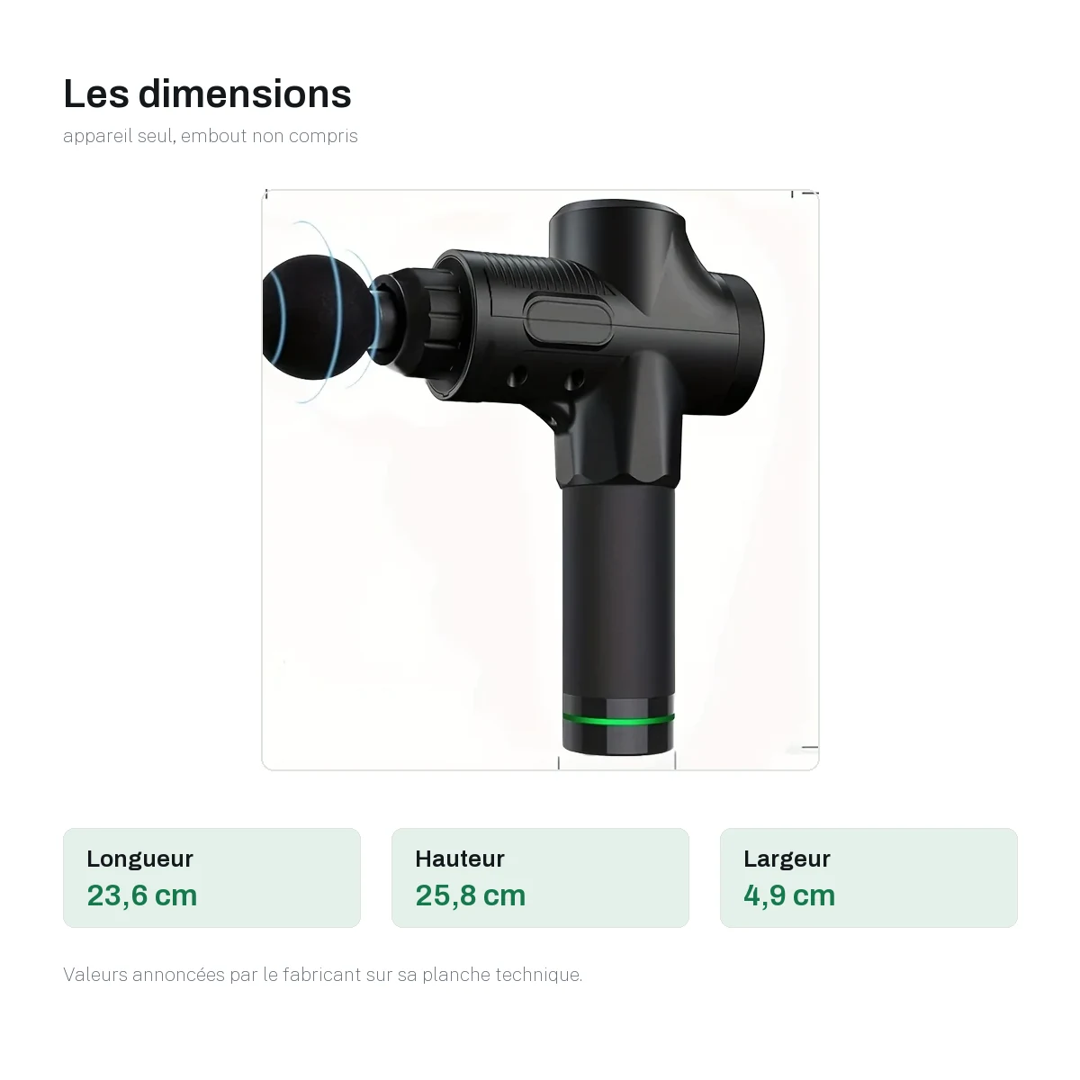 Les dimensions de l’appareil : 23,6 cm de longueur, 25,8 cm de hauteur, 4,9 cm de largeur
