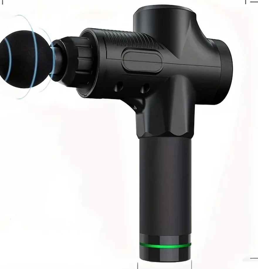 Pistolet de massage Percuva vu de profil, embout boule monté et anneau lumineux vert à la base de la poignée