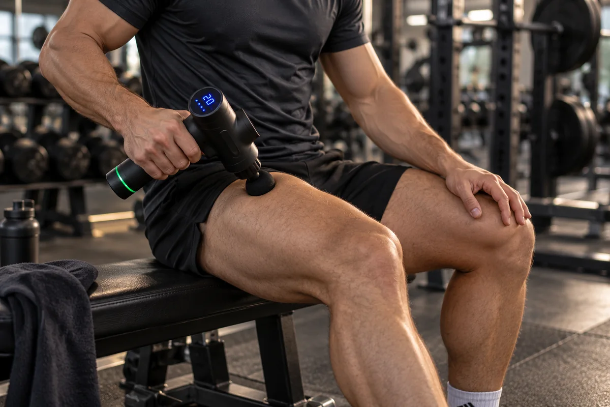 Adulte assis sur un banc de musculation, l’appareil appliqué sur le quadriceps