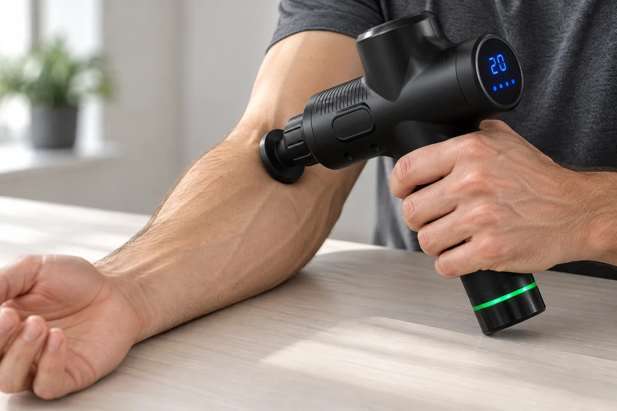 Avant-bras posé sur une table, l’appareil appliqué sur le muscle avec l’embout plat