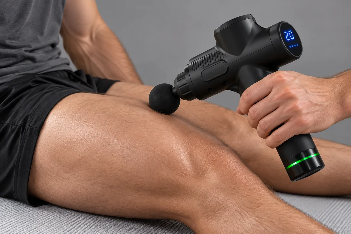 Quadriceps d’un adulte assis, l’appareil appliqué au milieu du muscle, main détendue